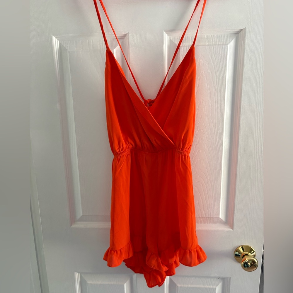 Superdown Bright Orange Ruffle Hem Romper (Size M)